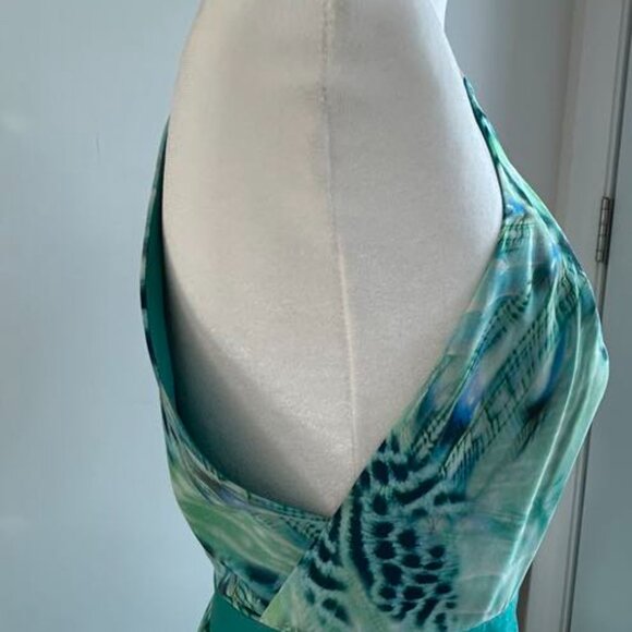 Marciano Teal Abstract Maxi Dress – Pleated Panel & Dual Front Slits, Size XS - Picture 5 of 6